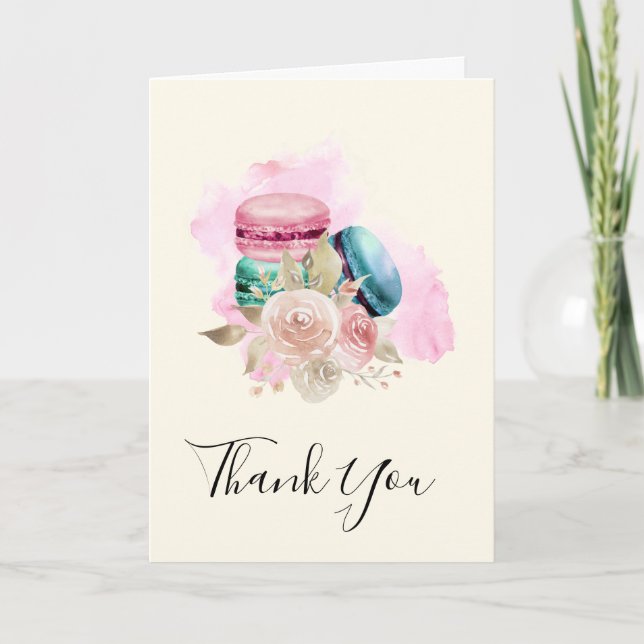 Colourful Macarons and Flowers Watercolor Thank Yo Card (Front)