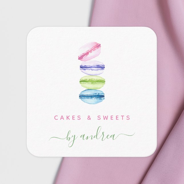 Colourful Macarons Sweets Qr Code Modern Bakery Square Business Card (Creator Uploaded)