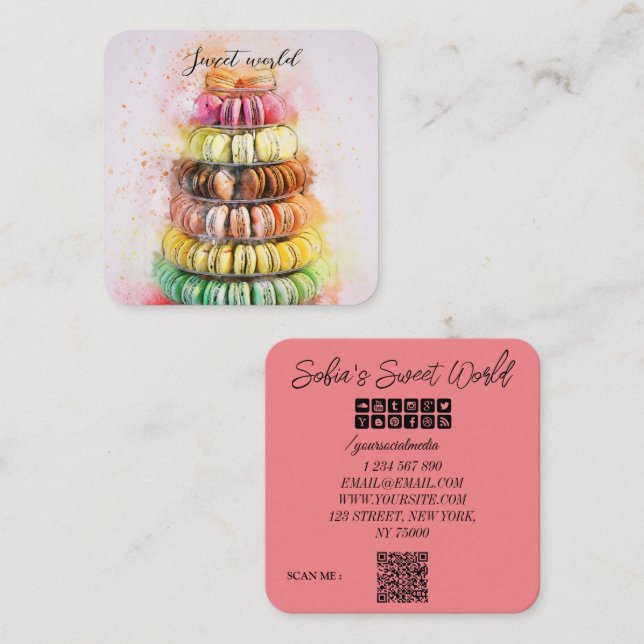 Colourful Macarons Sweets Qr Code Modern Square Bu Square Business Card (Front/Back)