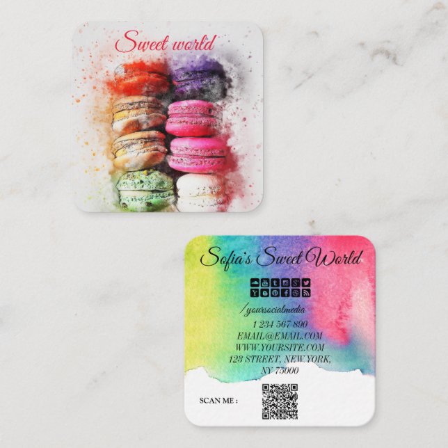 Colourful Macarons Sweets Qr Code Modern Square Bu Square Business Card (Front/Back)