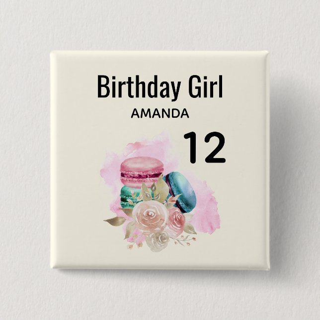 Colourful Macarons Watercolor Birthday Girl 15 Cm Square Badge (Front)