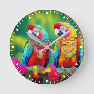 Colourful Macaw Birds On The Branch-67859 Round Clock