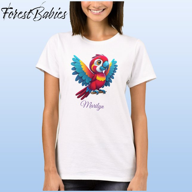 Colourful Macaw Parrot Cute Bird Cartoon Graphic � T-Shirt (Macaw Parrot, White Customizable ForestBabies Women's Basic T-shirt - Front)