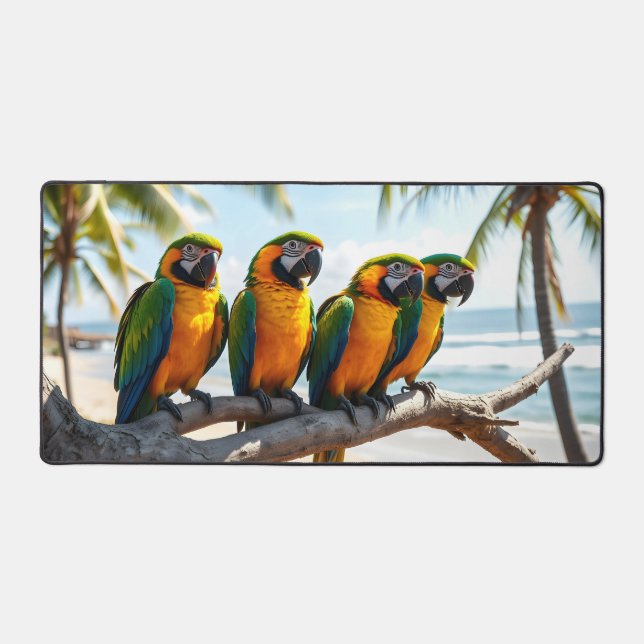 Colourful Macaw Parrots By The Ocean Beach Desk Mat (Front)