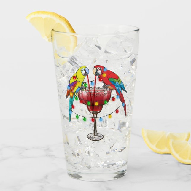 Colourful Macaw Parrots Drinking Red Wine Glass (Front Ice)
