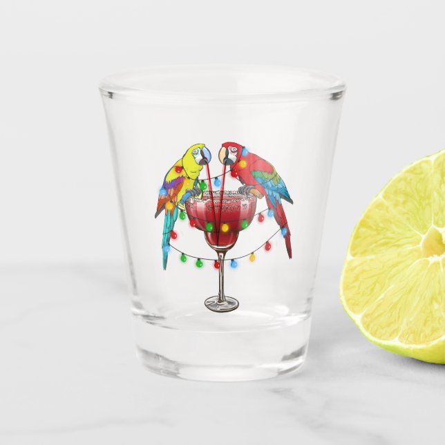 Colourful Macaw Parrots Drinking Red Wine Shot Glass (Front)