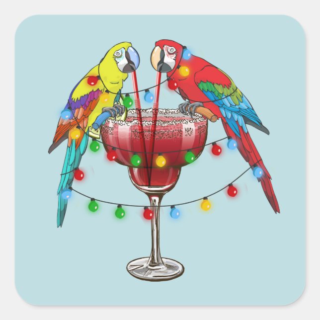 Colourful Macaw Parrots Drinking Red Wine Square Sticker (Front)