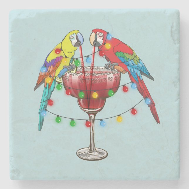 Colourful Macaw Parrots Drinking Red Wine Stone Coaster (Front)