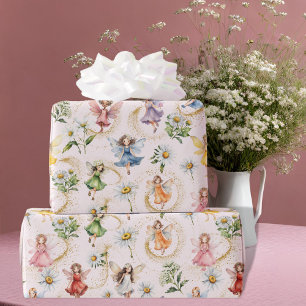 Colourful Magical Cute Floral Fairies Gold Glitter Wrapping Paper