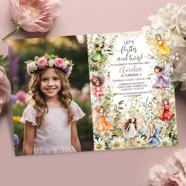 Colourful Magical Pixie Fairy Floral Photo Birthda Invitation (Creator Uploaded)