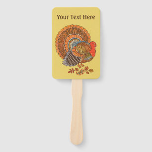 Colourful Male Turkey Big Tail Leaves Yellow Hand Fan