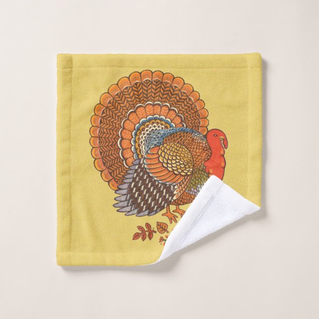 Colourful Male Turkey Fanned Tail Leaves Yellow Wash Cloth (Wash Cloth)