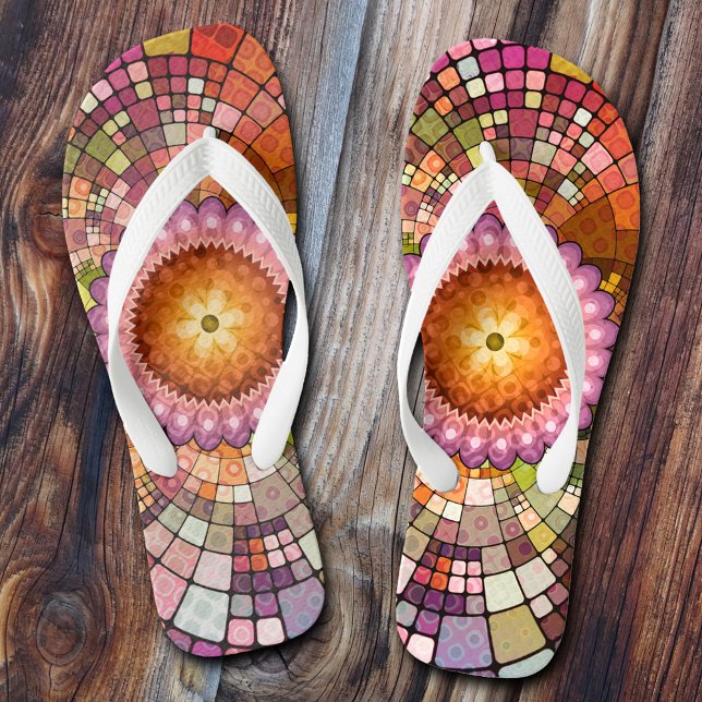 Colourful Mandala Creative Mosaic Jandals (Colorful artistic boho flip flops in a mandala mosaic style.)