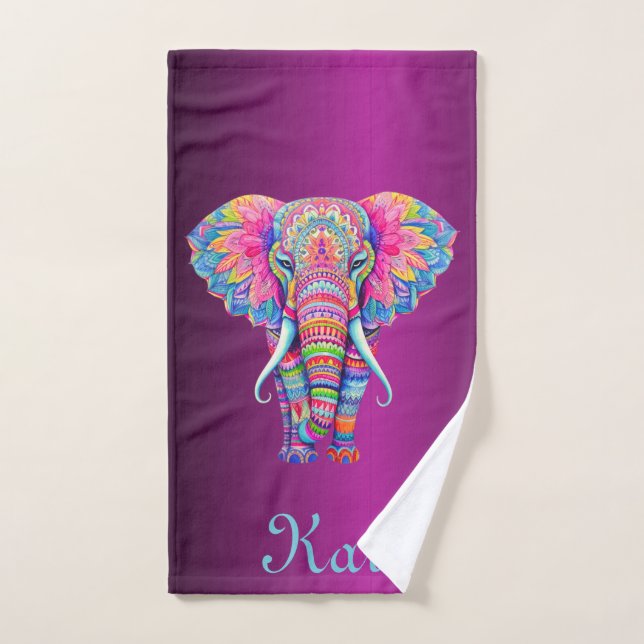Colourful Mandala Elephant with Customised Name Bath Towel Set (Hand Towel)