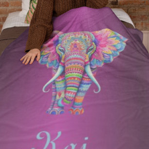 Colourful Mandala Elephant with Customised Name Fleece Blanket