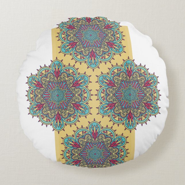 Colourful Mandala Floral Art Pattern. Round Cushion (Front)