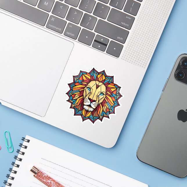 "Colourful Mandala Lion: Geometric Art Design" (Laptop w/ iPhone)