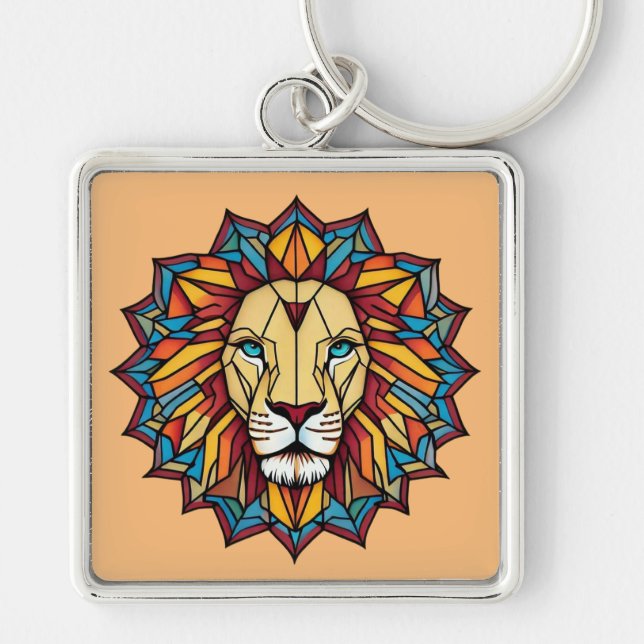 "Colourful Mandala Lion: Geometric Art Design" Key Ring (Front)