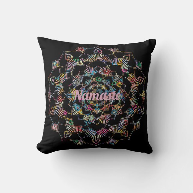 Colourful Mandala Namaste Black Throw Pillow (Front)