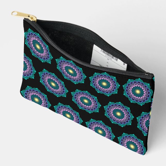 Colourful Mandala on Black Background Accessory Pouch (Open)