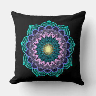 Colourful Mandala on Black Background Cushion