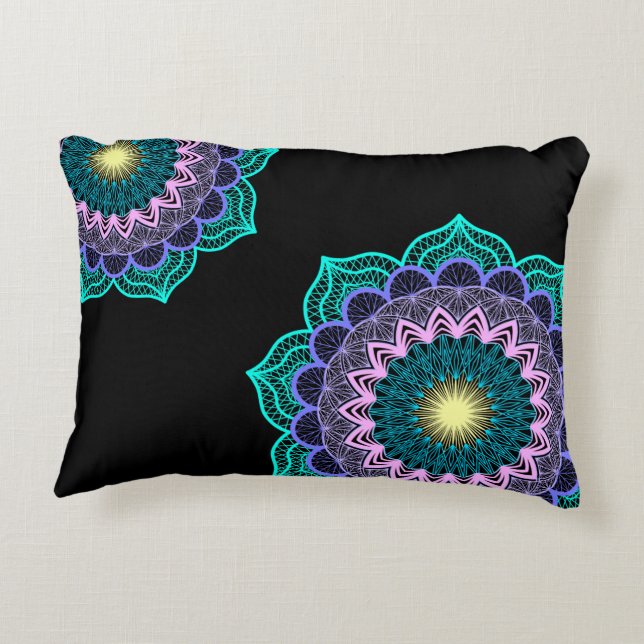 Colourful Mandala on Black Background Decorative Cushion (Back)