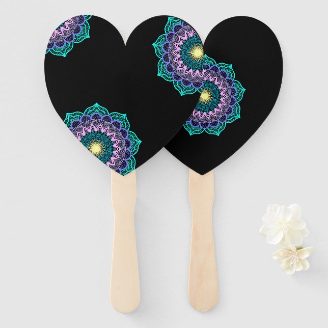 Colourful Mandala on Black Background Hand Fan (Front and Back)
