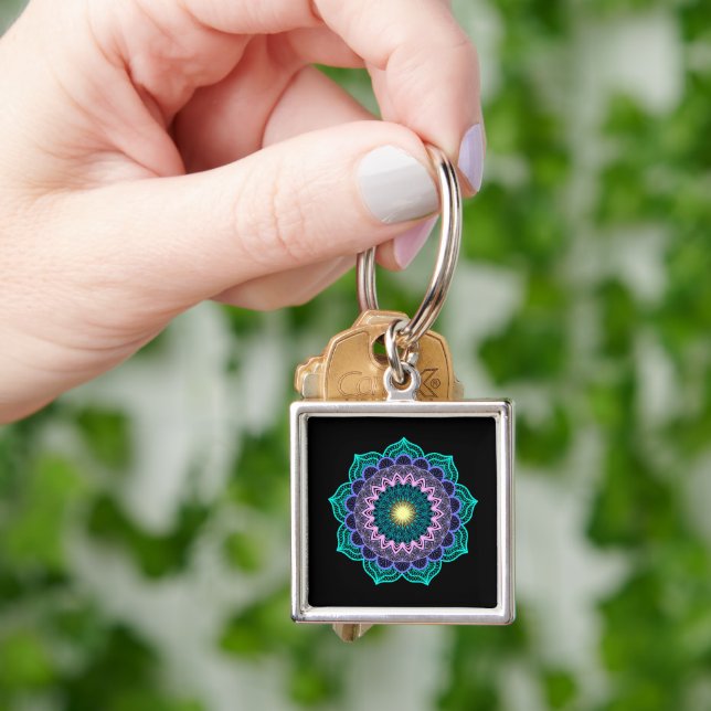 Colourful Mandala on Black Background Key Ring (Hand)