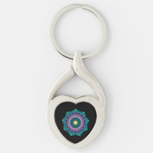Colourful Mandala on Black Background Key Ring
