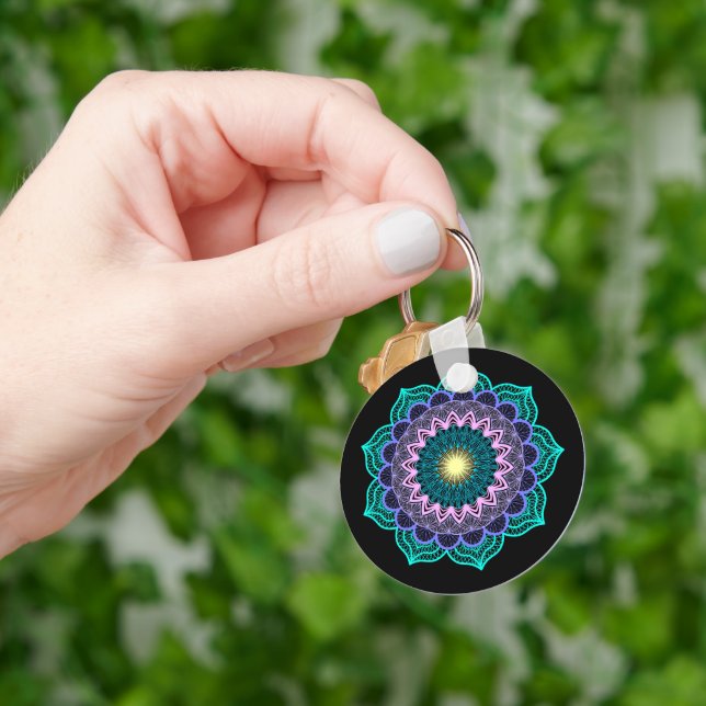 Colourful Mandala on Black Background Key Ring (Hand)