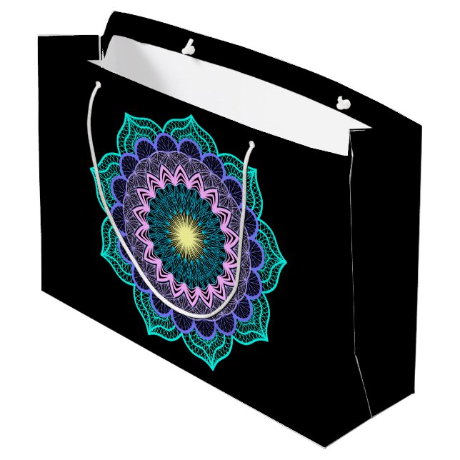 Colourful Mandala on Black Background Large Gift Bag (Back Angled)