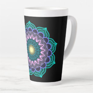 Colourful Mandala on Black Background Latte Mug