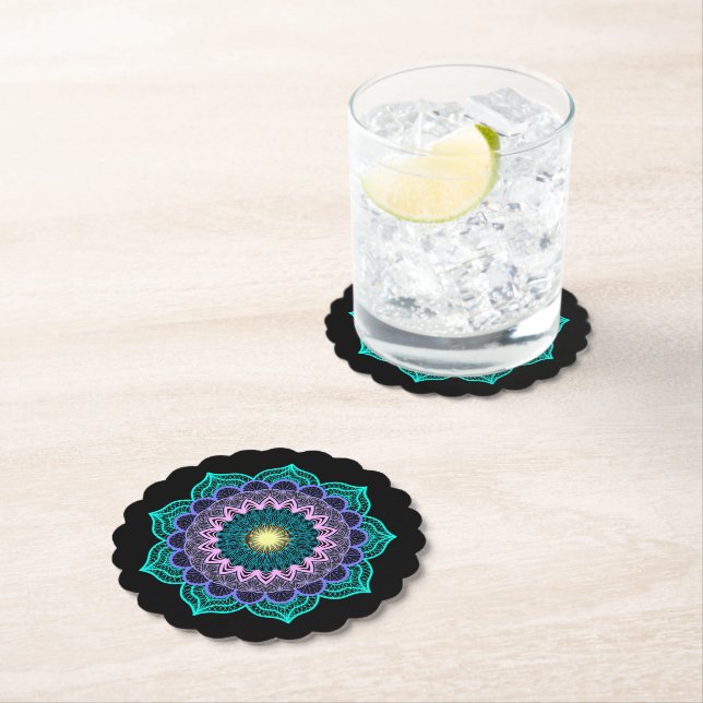 Colourful Mandala on Black Background Paper Coaster (Insitu)
