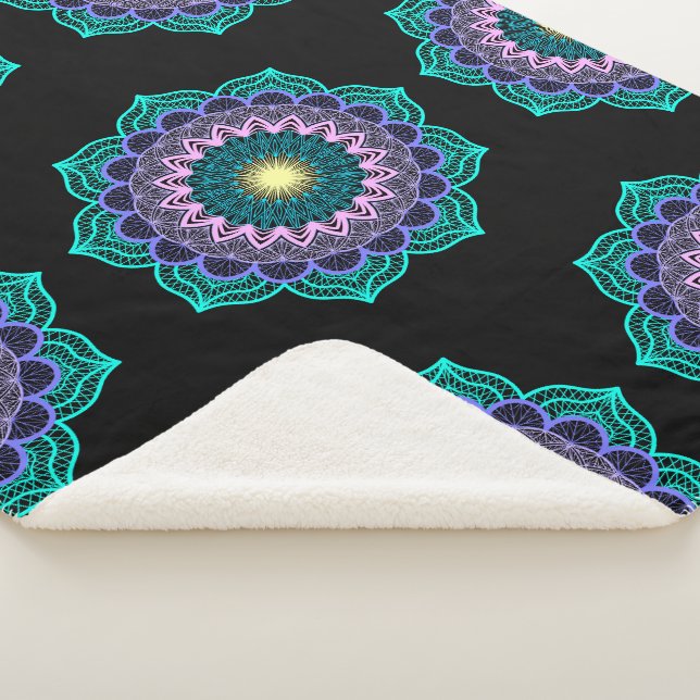 Colourful Mandala on Black Background Sherpa Blanket (3/4)