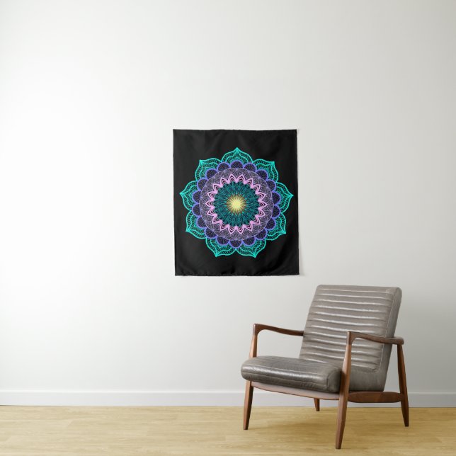 Colourful Mandala on Black Background Small Tapestry (In Situ)