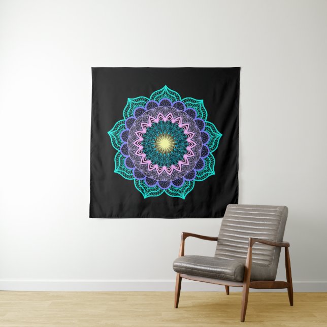 Colourful Mandala on Black Background Square Tapestry (In Situ)