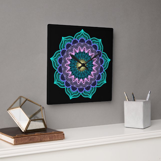 Colourful Mandala on Black Background Square Wall Clock (Office)
