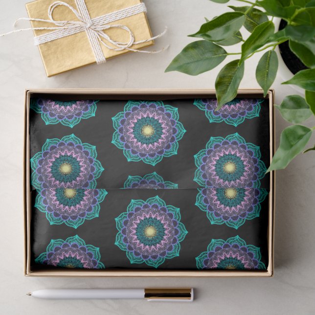 Colourful Mandala on Black Background Tissue Paper (Gift)