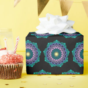 Colourful Mandala on Black Background Wrapping Paper