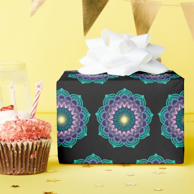 Colourful Mandala on Black Background Wrapping Paper (Birthday Party)