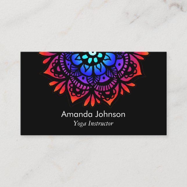 Colourful Mandala on Black Yoga Instructor Business Card (Front)