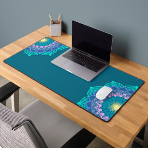 Colourful Mandala on Blue Background Desk Mat