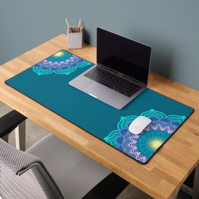 Colourful Mandala on Blue Background Desk Mat (Office 2)