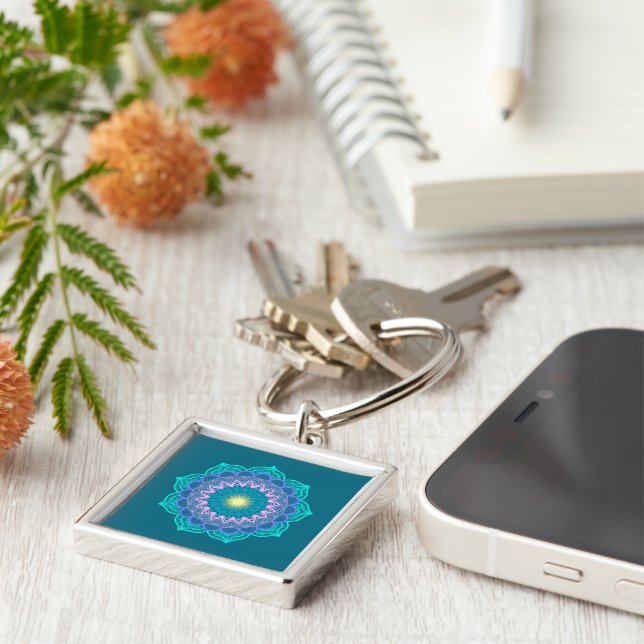 Colourful Mandala on Blue Background Key Ring (Side)