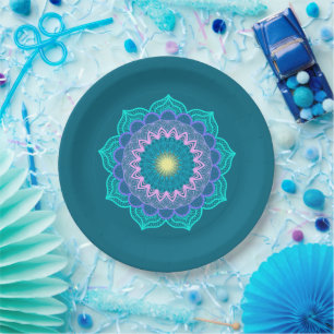 Colourful Mandala on Blue Background Paper Plate