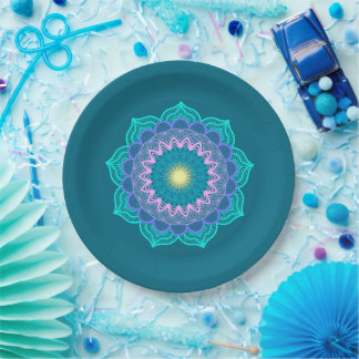 Colourful Mandala on Blue Background Paper Plate