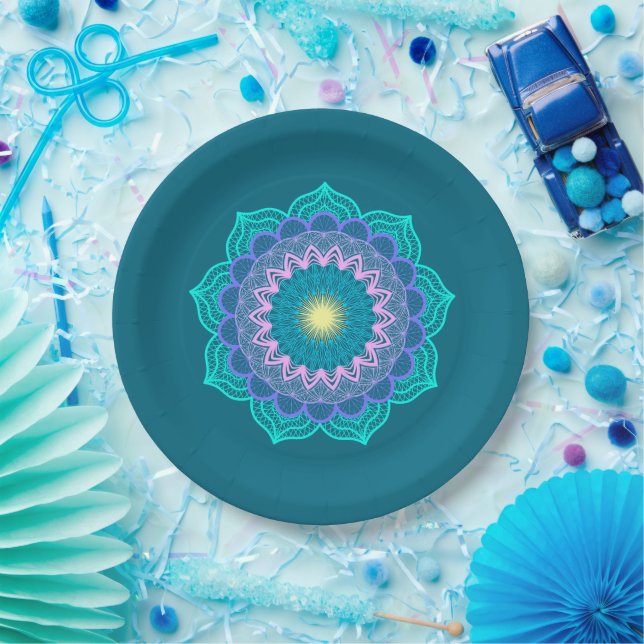 Colourful Mandala on Blue Background Paper Plate (Party)