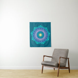 Colourful Mandala on Blue Background Small Tapestry