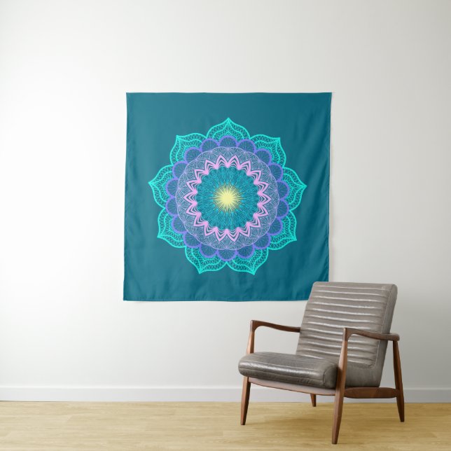 Colourful Mandala on Blue Background Square Tapestry (In Situ)