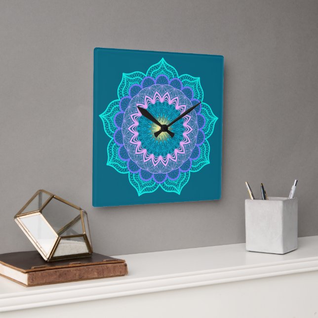 Colourful Mandala on Blue Background Square Wall Clock (Office)